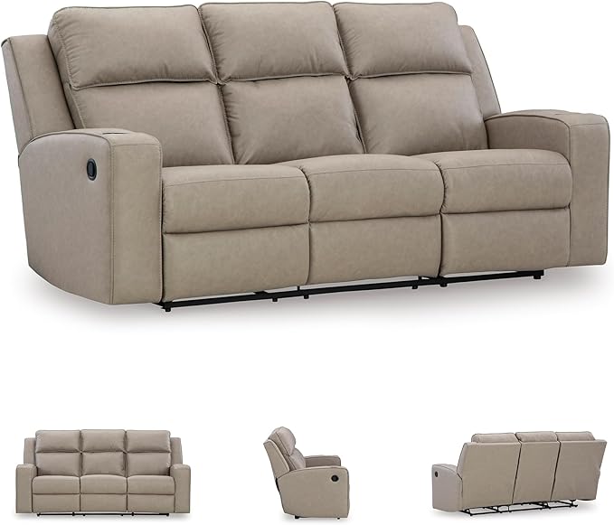 Signature Design by Ashley Lavenhorne Contemporary Faux Leather Manual Reclining Sofa with Drop Down Table Cup Holders and USB Ports Beige