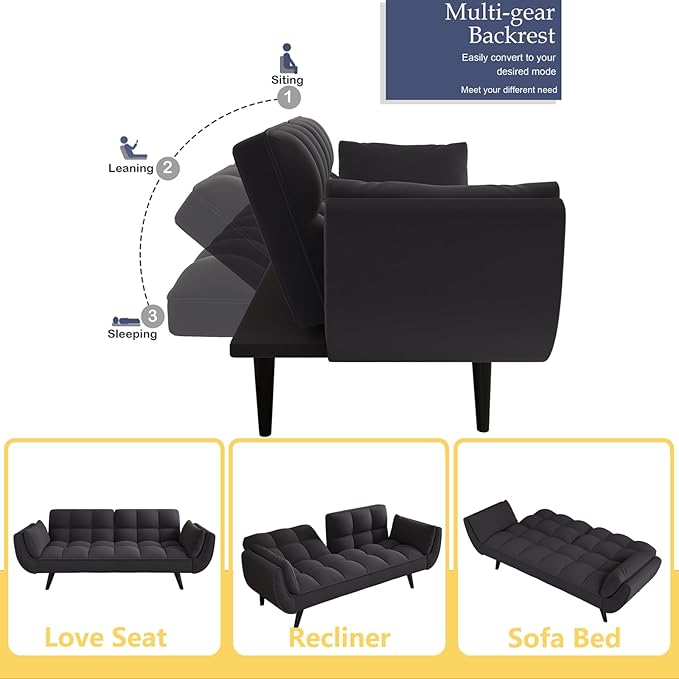 Velvet Futon Sofa Couch Bed with 2 Pillows Convertible Folding Futon Couch with Adjustable Backrest Love Seat Sleeper Sofa Bed for Small Spaces Living Room Office Apartment (Black)