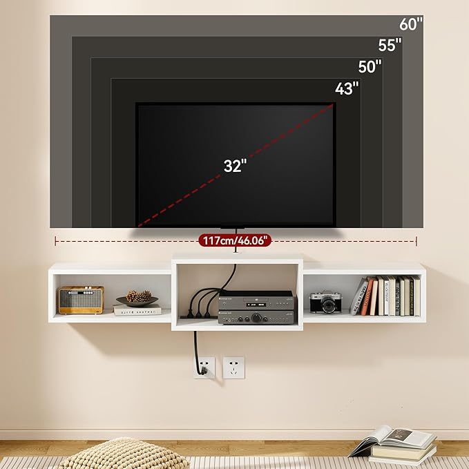 IBUYKE Floating TV Stand Wall Mounted with Power OutletModern Wood Wall Mounted Media Console ShelfFloating Entertainment Center for Under TV Storage for Living Room Bedroom OfficeWhite WST001W