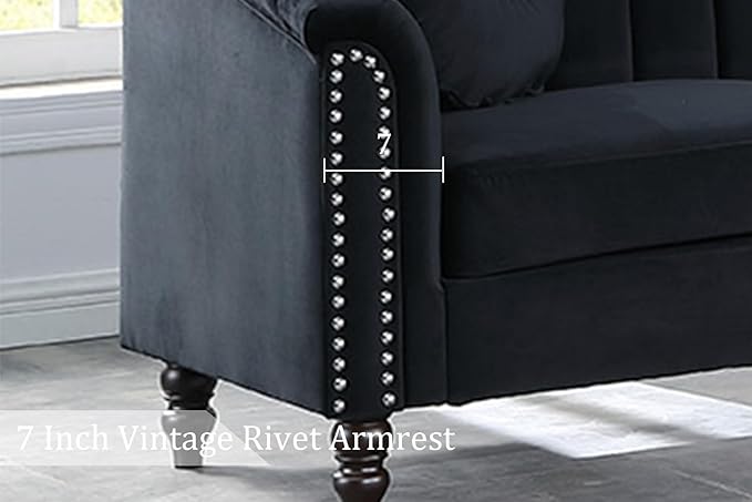 Chesterfield Sofa Set Luxurious Velvet Chesterfield Settee Couch Set with Sofa Loveseat ChairUpholstered Rolled Arm with Rivets/5 Button Tufted Pillow Modern Sofa Living Room SetBlack