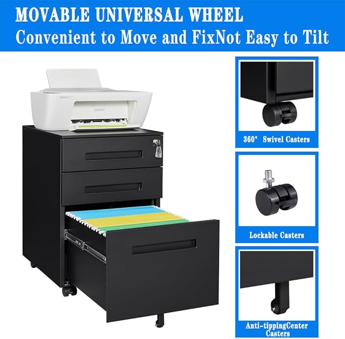 3-Drawer Rolling File Cabinet Metal Mobile File Cabinet with Lock Filing Cabinet Under Desk fits Legal/Letter/A4 Size for Home/Office Fully Assembled Except Wheels (Black)
