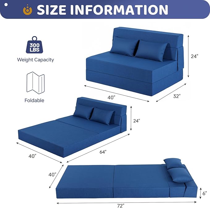Folding Sofa Bed Foldable Sleeper Chair with Pillow Convertible Fold Out Chair Bed with Washable Cover Foldable Mattress for Living Room Bedroom Guest Room Standard Size Blue