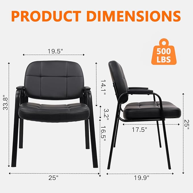 CLATINA Big &amp Tall 500 lbs Waiting Room Guest Chair Leather Office Reception Chair No Wheels with Padded Arms for Elderly Home Desk Conference Room Lobby Side Salon Clinic Black(4 Pack)