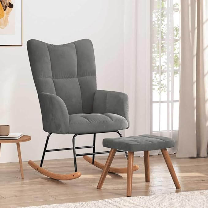 vidaXL Rocking Chair with Ottoman - Elegant and Modern Design - Dark Gray Velvet - Comfortably Padded - Durable Frame - Assembly Required