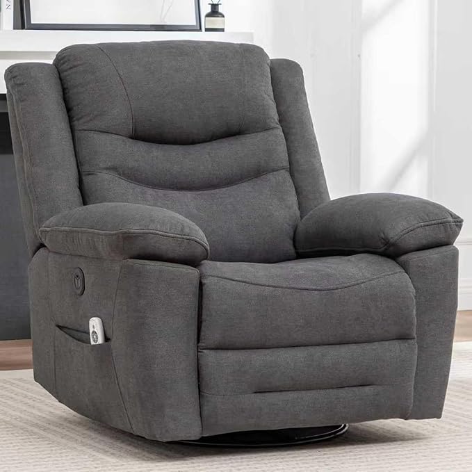 Power Swivel Rocker Recliner with Massage and Heat USB Port Infinite Position Oversized Electric Glider Rocking Chairs Living Room Soft Fabric Reclining Sofa Chair (Dark Grey Fabric)