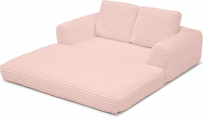 63 Corduroy Convertible Boneless Couch with Pull-Out Bed 2 in-1 Folding Convertible Sofa Bed with Pillows Loveseat Floor Sofa Couches for Living Room No Assembly Required (Pink) | Breathable Mater