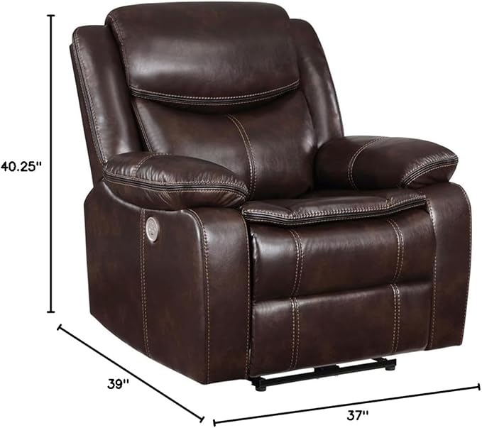 Pemberly Row Faux Leather Power Recliner Chair Dark Brown Upholstered USB Port 40.25 H x 39 W x 37 D Plush Cushions Modern Living Room or Den Seating Contour Tufting Comfortable Relaxation