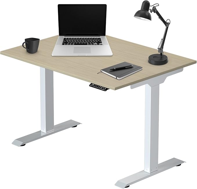 Progressive Desk Stand Up Electric Standing Desk Compact Home Office Table White Frame and Bright Beech MDF Tabletop Prime Ryzer 42 x 24