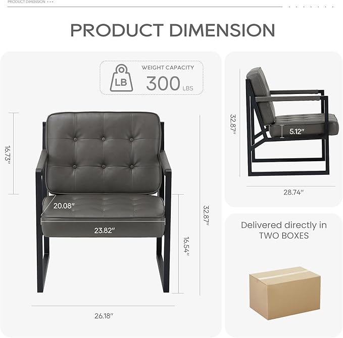 COLAMY Accent Chairs Set of 2 Modern Accent Arm Chairs for Living Room Comfy Leather Armchairs with Metal Legs for Bedroom Reception Room Grey