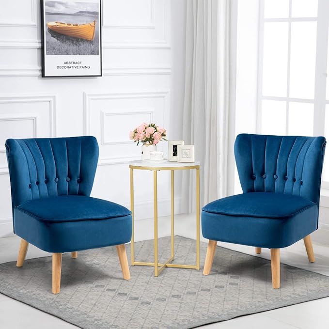 Giantex Set of 2 Modern Velvet Accent Chair Small Upholstered Leisure Sofa Chair w/Wood Legs Thickly Padded and Button Tufted Armless Wingback Club Chairs for Living Room Bedroom Furniture Blue