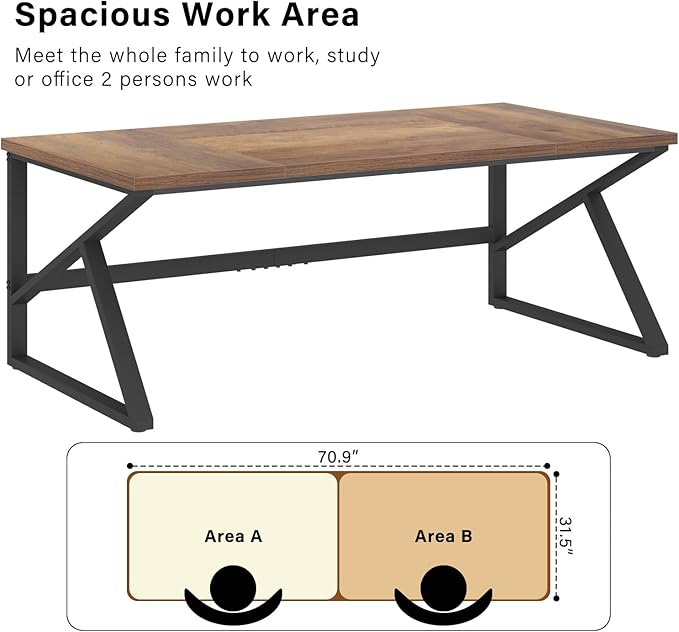 HSH Large Home Office Desk Modern Wood Metal Computer Desk for Two Person Extra Long Executive Writing Study Gaming Double Desk Workstation 70 Inch Rustic Bedroom Living Room Table for 2 Monitors