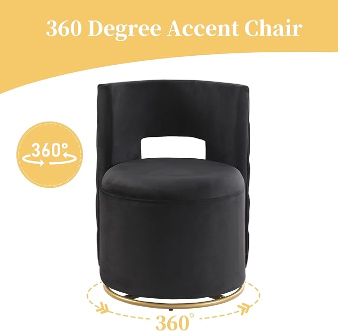 360° Swivel Accent Chair Velvet Chair with Storage Function Curved Chair with Gold Metal Base Accent Chair for Living Room Bedroom Home OfficeApartment-Black