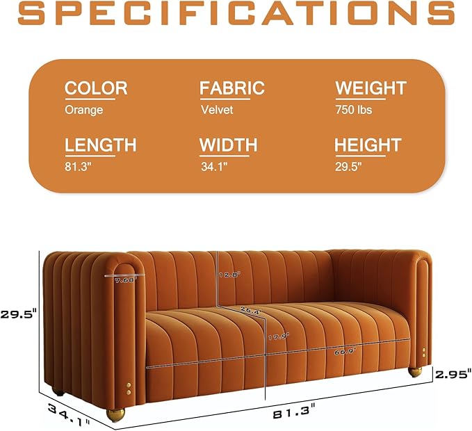 81 Velvet ﻿Orange Couch Mid Century Modern Couches Tufted Sofa 3 Seater Velvet Sofas Loveseat Upholstered Couches with Metal Legs Suitable for Luxury Couch in Living Room