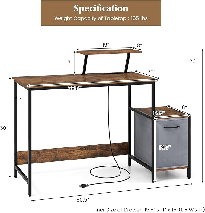 Tangkula Computer Desk with Charging Station Home Office Desk with Reversible Fabric Drawer Headphone Hook &amp Elevated Shelf Study Writing Table Industrial PC Workstation for Home