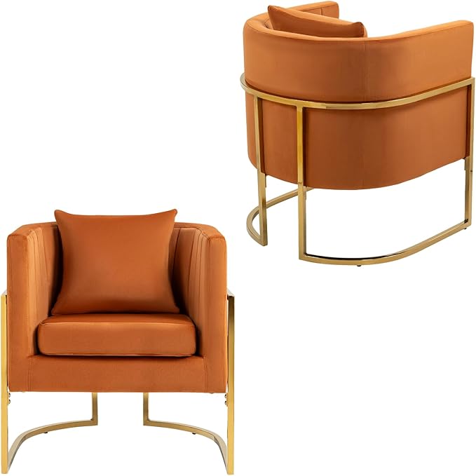 Velvet Modern Accent Chair Upholstered Barrel Armchair Mid Century with Pillow for Living Room Comfy Single Vanity Chair with Metal Gold Legs for Bedroom Orange