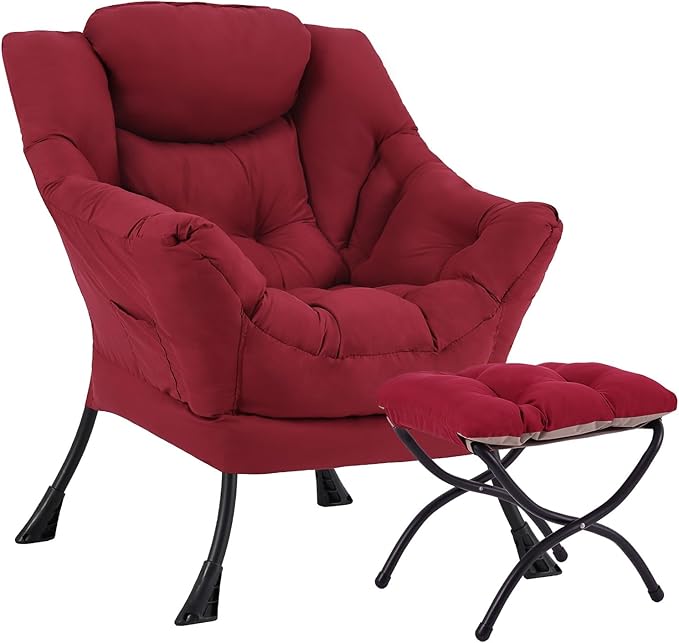 Lazy Chair with Ottoman Large Burgundy Accent Chair with Ottoman Comfy Reading Armchair Leisure Sofa Chair for Living Room Bedroom Dorm Room Office