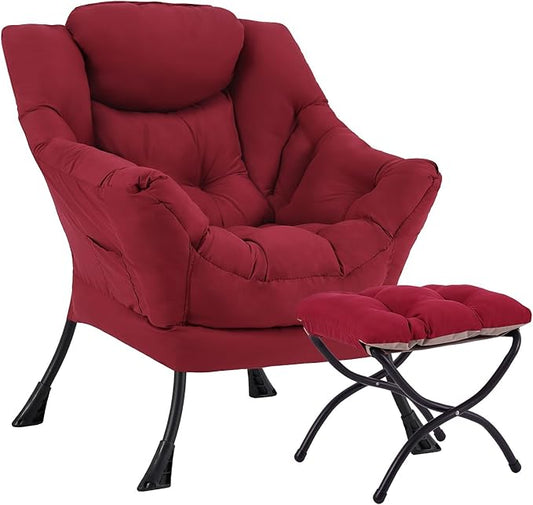 Lazy Chair with Ottoman Large Burgundy Accent Chair with Ottoman Comfy Reading Armchair Leisure Sofa Chair for Living Room Bedroom Dorm Room Office