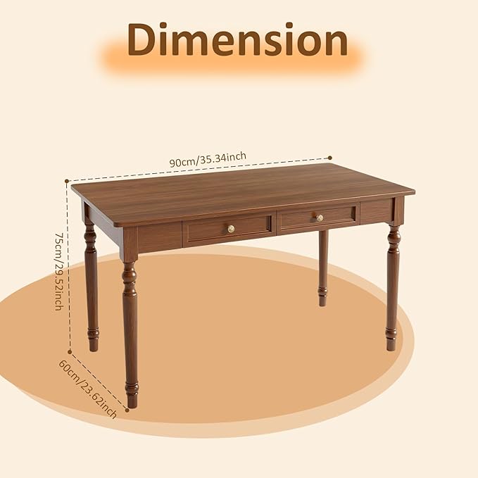 47 Inch French Country Writing Desk Solid Wood Farmhouse Computer Desk with 2 Drawers Easy Assembly Walnut Office Desk for Home Office Study or Bedroom (Walnut Wood Color)