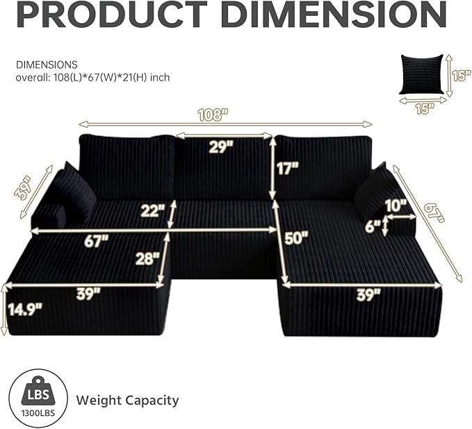 108 U Shaped Sectional Couch with Ottoman Corduroy Modular Sectional Sofa with Deep Seat Modern Modular L-Shape Sofa Couch with ChaiseUpholstered Boneless Couches for Living Room Bedroom