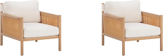Nathan James Hemming Upholstered Armchair Solid Wood Accent Chair with Boucle Upholstery and Faux Rattan Arm Inlay Cream/Raw Oak Set of 2