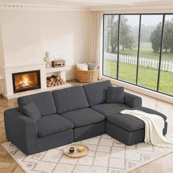 Cloud Couch Sectional 108” Modular Sectional Sofa with Ottoman Modern L-Shaped Couch with Deep Seat Boneless Couches for Living Room No Assembly Required (Snow Grey)
