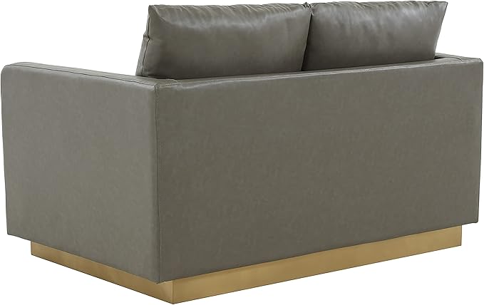 LeisureMod Nervo Modern Upholstered Leather Loveseat Sofa 2-Seater Living Room Couch with Gold Metal Base and Removable Cushions Small Space Furniture for Living Room Office Waiting Area Grey