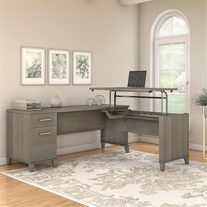 Pemberly Row Sit to Stand L Shaped Desk 72W x 66D x 29H Engineered Wood Ash Gray 3 Position Height Adjustable Desktop Built-in Drawers Ergonomic Design for Home Office or Workspace