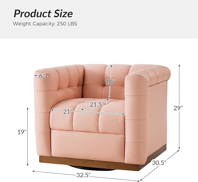 HULALA HOME Genuine Leather Swivel Accent Chair with Wooden Base Mid Century Modern Square Accent Chair for Living Room Bedroom Club Pink