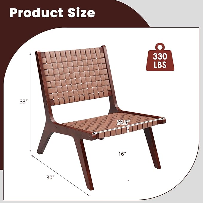 Giantex Woven Leather Accent Chair Set of 2 Boho Mid Century Modern Lounge Chair w/Wood Frame Max Load 300 Lbs Wicker Living Room Chair Armless Accent Side Chair for Reading Bedroom Brown