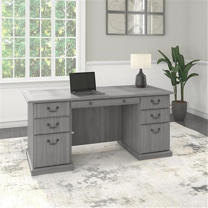 Scranton &amp Co Modern Wood Executive Desk with Drawers Gray Finish 66W x 30D Desktop Lockable File Storage Scratch-Resistant Surface Classic Style Office Desk for Home or Work