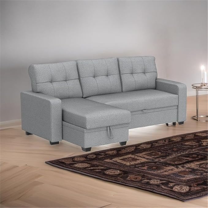 Devion Furniture L-Shaped Polyester Fabric Reversible Easy Convertible Pull-Out Sleeper Sectional Sofa/Storage Chaise with Tufted Back Cushions and Track Arms in Light Gray