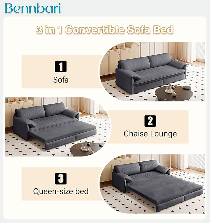 66'' Queen Pull Out Sofa Bed with Thickened Cushions 3-in-1 Convertible Velvet Sleeper Couch with Side Storage Loveseat Futon Lounge Recliner for Living Room Apartment Bedroom Small Space (Grey)