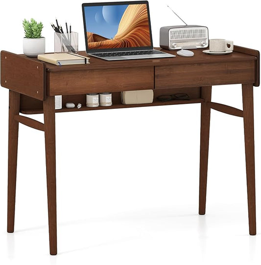 Giantex Mid Century Modern Desk 39.5 Bamboo Computer Desk with 2 Drawers and Open Storage Shelf Makeup Vanity Table Wood Computer Workstation Vintage Writing Desk for Bedroom Walnut