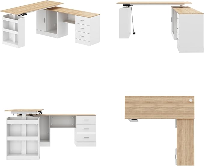 63 Large Electric Standing Office Desk with Drawers Modern Executive Deep L Shaped Computer Raising Stand up Desk with Shelves Storage for Home Office Adjustable Height White &amp Natural