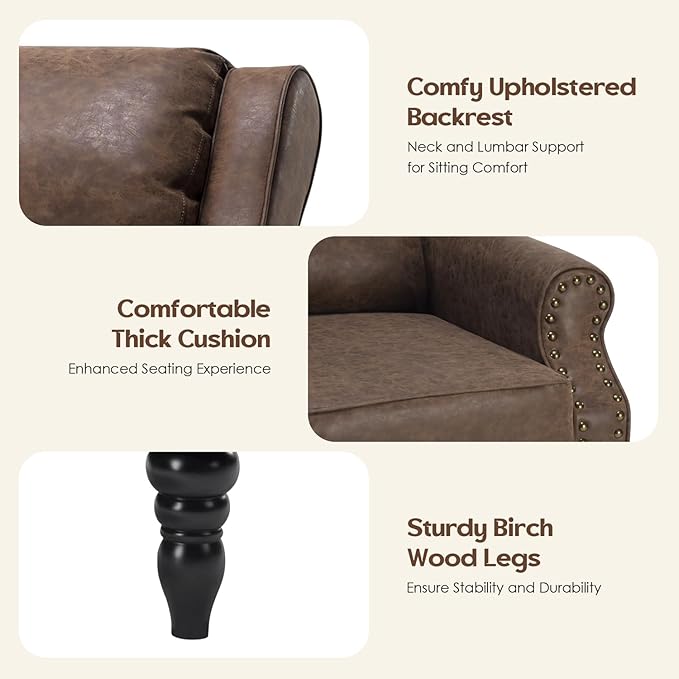 Leather Recliner Chair Pushback Recliner Chair with Adjustable Backrest Footrest Mid-Century Modern Living Room Reclining Chairs with Lumbar Support for Reading Bedroom (Brown)