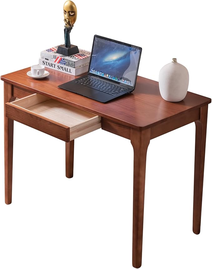 Solid Wood Desk with Drawers Home Office Desk for Small Spaces Gaming Work Study Desk Student PC Desk for Bedroom Easy to Assemble (Cherry Color 39.4 inch)