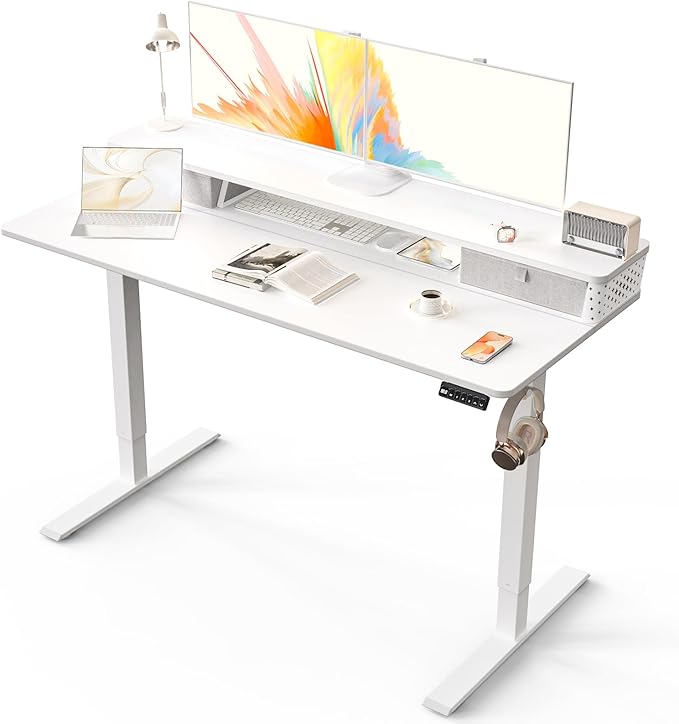 Kingant 55 x 24 Inch Electric Standing Desk with Dual Drawers Height Adjustable Sit to Stand Computer Desk with Storage Shelf and C-Clamp Mount Compatibility for Home Office White