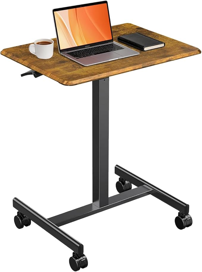 Adjustable Height Mobile Standing Desk with Lockable Casters Rolling Sit Stand Laptop Computer Desk Portable Compact Workstation for Home Office Dorm Brown