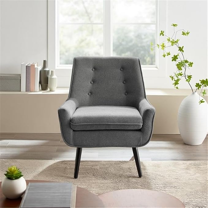 Allora Polyester Upholstered Button-Tufted Accent Chair Gray Fabric Modern Design with Black Finished Legs Pinewood Frame Plush Cushioned Seat 27.5W x 30.75D x 32.25H for Living Room or Office