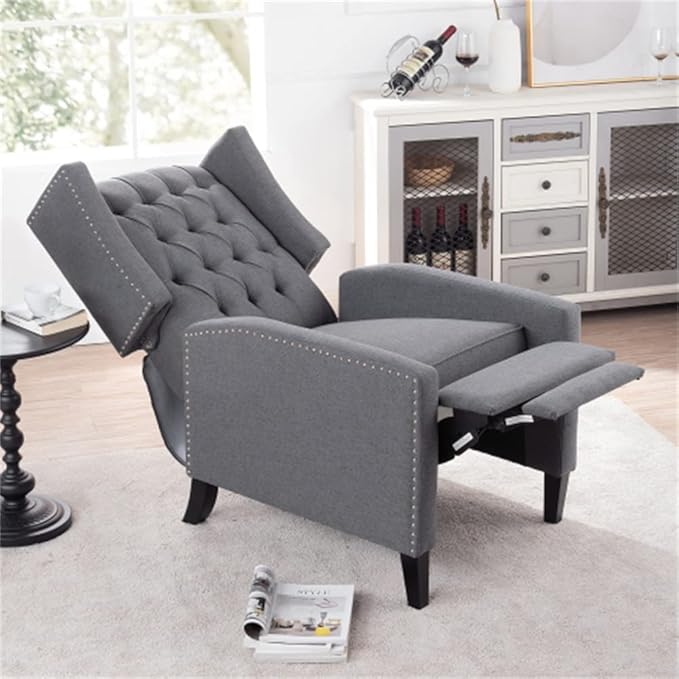 Arm Pushing Recliner Chair Modern Button Tufted Wingback Manual Push Back Recliner Chair with Nailhead Trim &amp Wood Legs Upholstered Living Room Chair Single Reclining Sofa Home Theater Seating