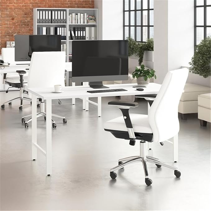 Pemberly Row 60W x 30D Computer Desk Engineered Wood and Metal White Finish Modern Office Desk with Wire Management Durable Work Surface Adjustable Levelers Home Office or Professional Workspace