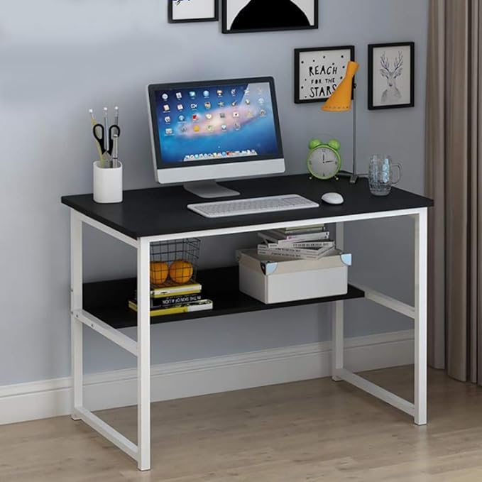 Wooden 43in Computer Desk with Storage Shelf and Metal Stand Modern PC Laptop Workstation Study Table at Home Office Table (Black Desktop+White Legs)