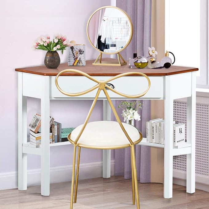 Tangkula Corner Desk Corner Computer Desk with Drawer for Small Space Small Corner Makeup Vanity Desk 90 Degrees Triangle Corner Desk with Storage Shelves (Natural &amp White)