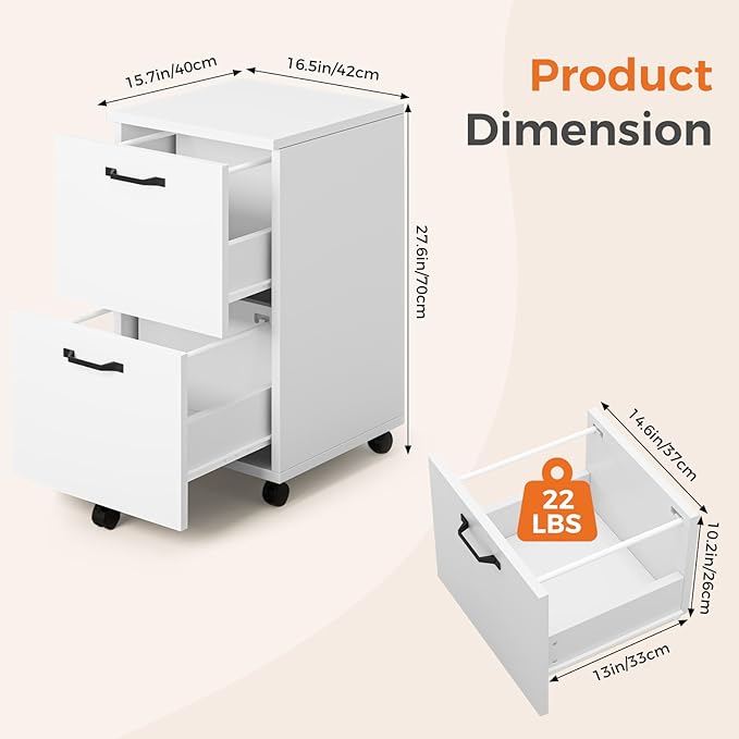Sweetcrispy 2 Drawer Filing Cabinet White Rolling Wood File Cabinets with Printer Stand Under Desk Storage Lockable Wheels Home Office Organizer