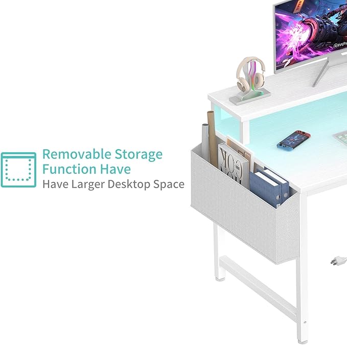 Lufeiya Small White Desk with LED Lights and Power Outlets 32 Inch Home Office Computer Desks with Monitor Stand Teen Writing Study Table Gaming Desk with Charging Station White