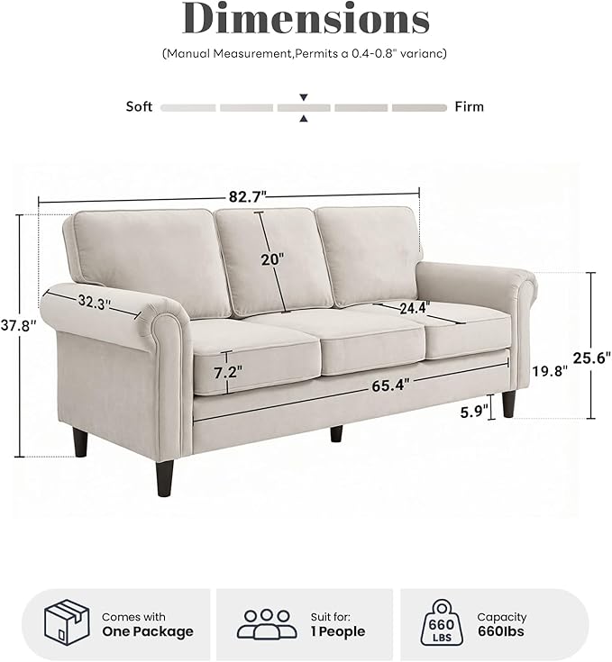 Kingfun 3 Seater Couch Mid Century Modern Sofa with Rolled Arms and Deep Seats Fluffy Comfort for Living Room Apartment Easy Assembly Beige