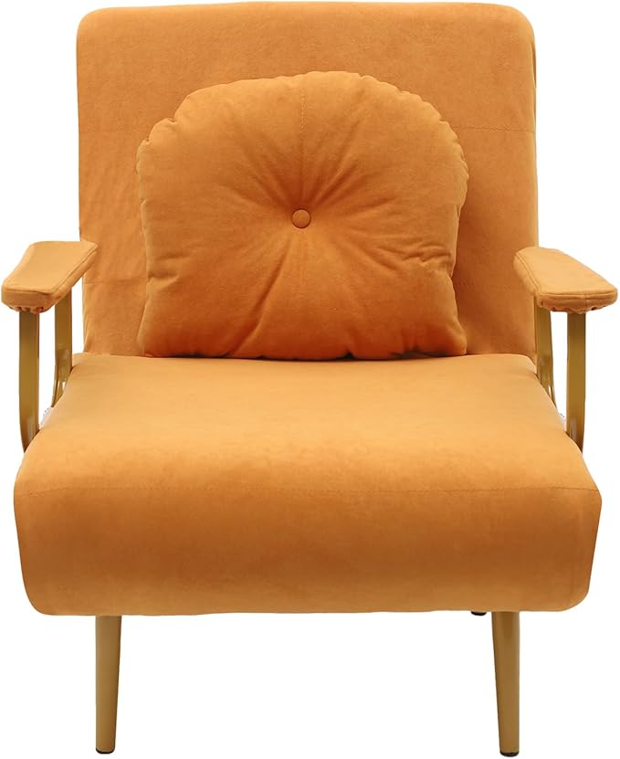 Folding Sofa Bed Convertible Chair with 5-Position Adjustable Backrest &amp Pillow 3 in 1 Sleeper Chair Bed for Living Room Bedroom Office (Orange)