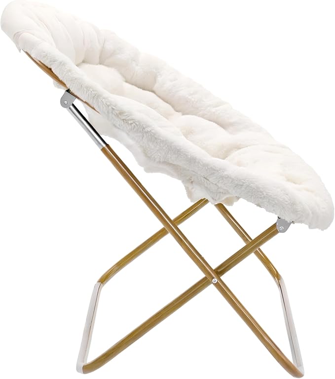 BizChair 56 Portable Folding Double Saucer Chair in Ivory Faux Shearling with a Soft Gold Steel Frame for Dorm Living Room or Bedroom