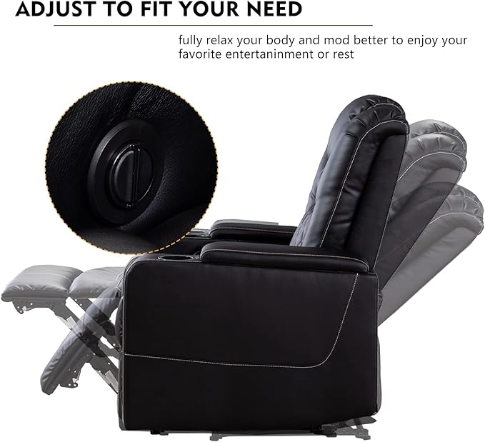 CANMOV Electric Power Recliner Chair with USB Ports and Cup Holders Breathable Leather Home Theater Seating with Hidden Arm Storage (Black)