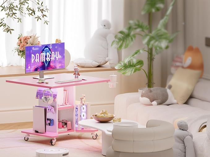 Pamray Small Rolling Gaming Desk with Led Lights Power Outlets and Storage Pegboard Small Spaces Compact PC Computer Table Pink
